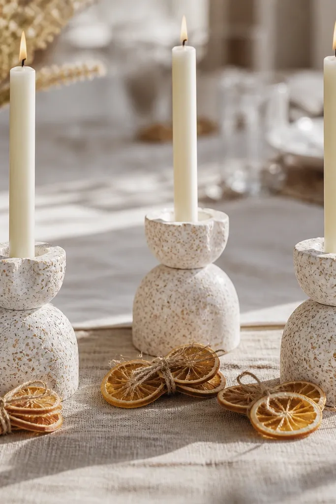 Terrazzo candlesticks with dried citrus slices arranged around cream candles
