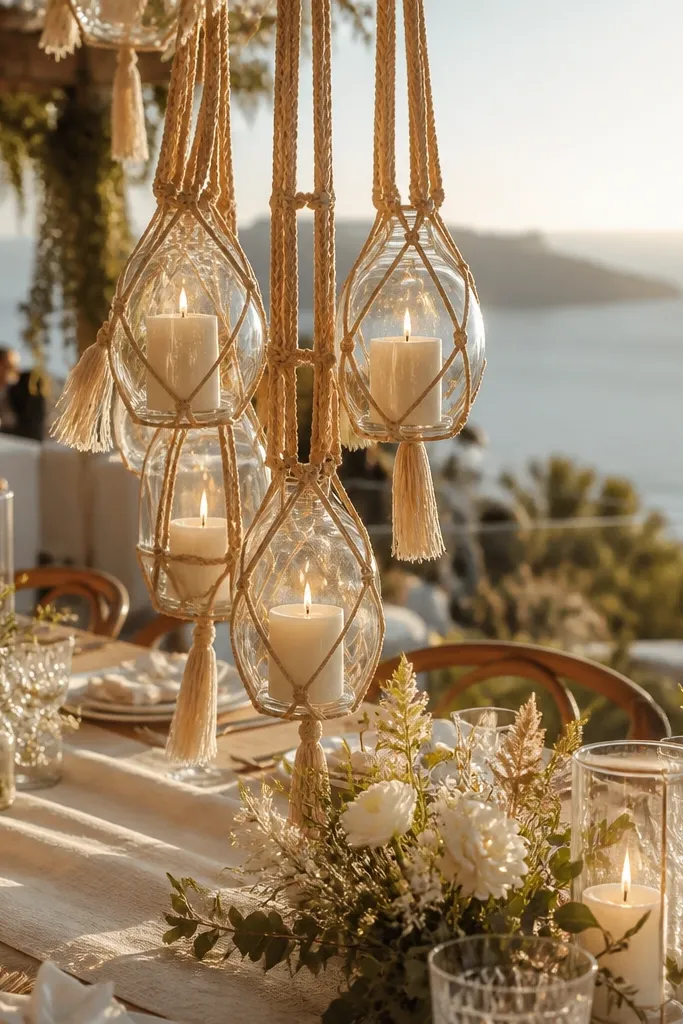 Small candle lanterns with macramé handles clustered on a neutral table