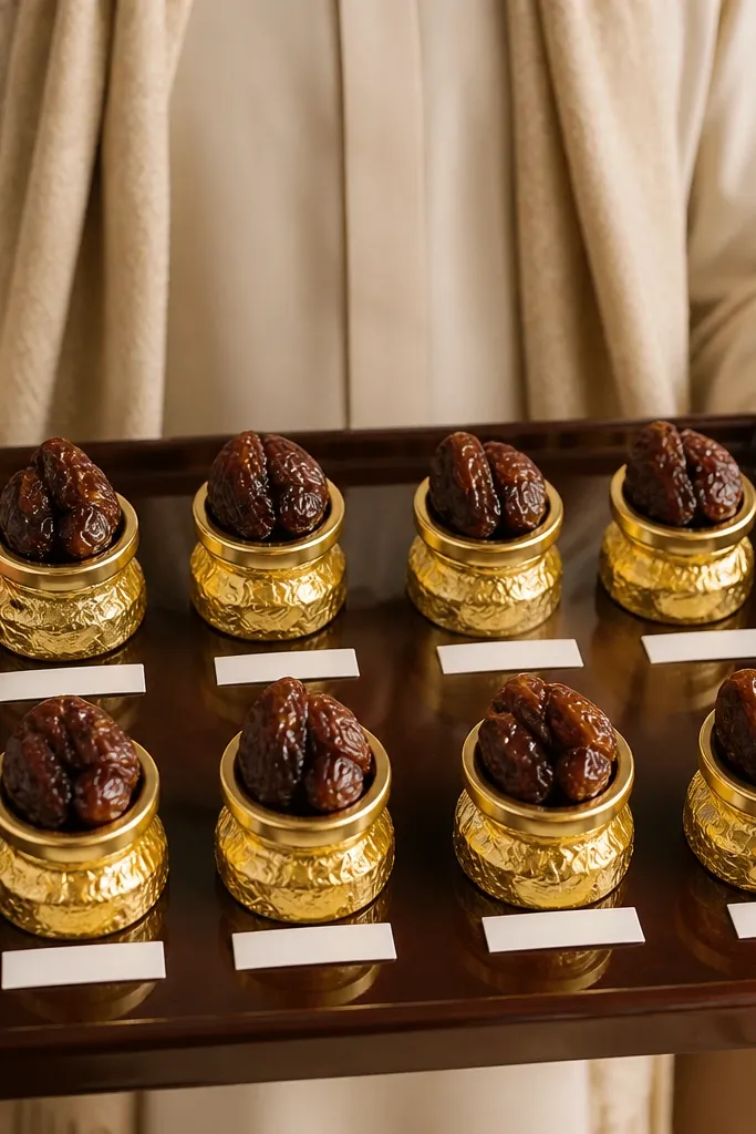 Cocoa brown tray with dates in gold foil, almonds in jars, white label strips