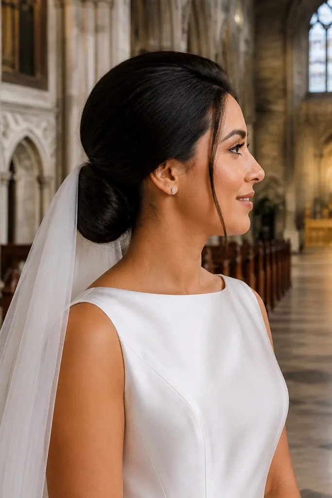 Low bun at the nape with smooth sides and slight crown lift