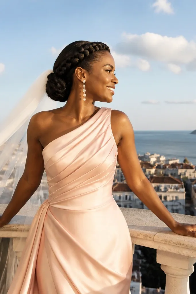 Braids form a crown around the head, ending in a sleek bun