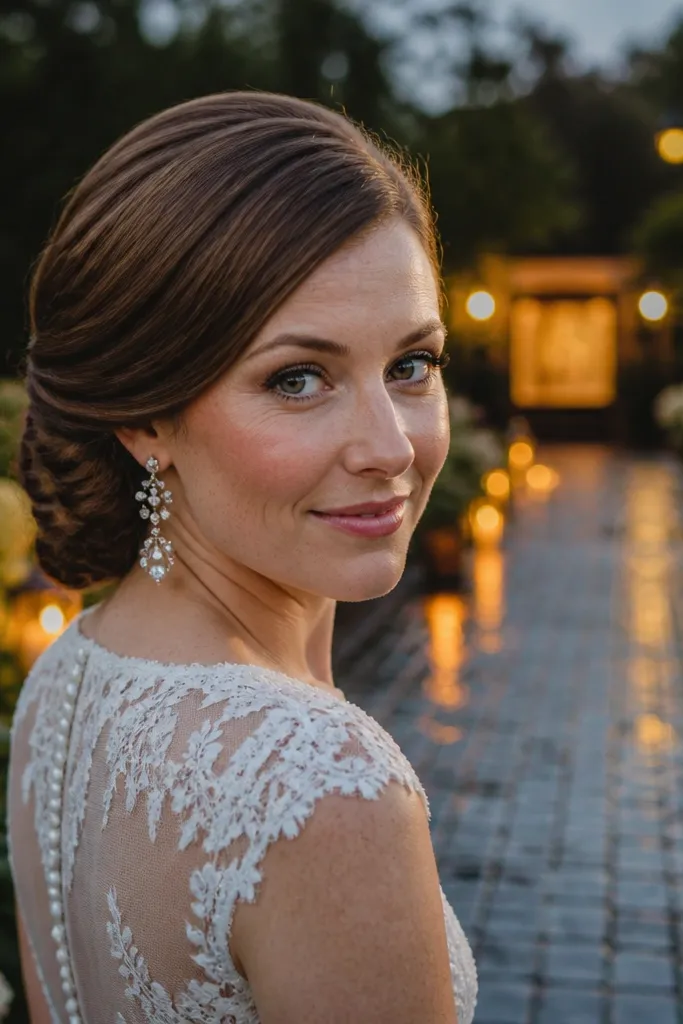Side-swept twisted updo pinned neatly behind one ear