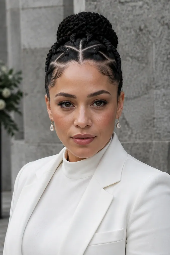Braided bun with sharp geometric part lines near the scalp