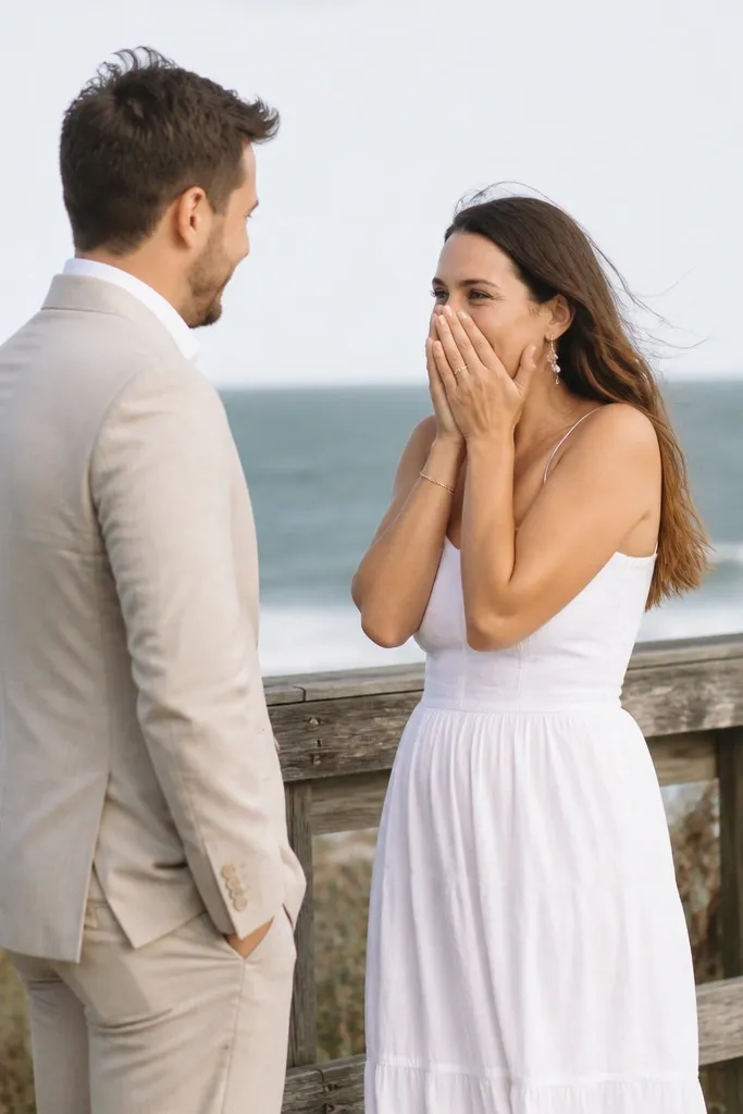 Couple in soft focus near boardwalk railing with ocean beyond
