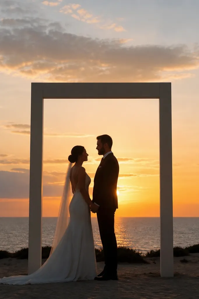Wedding arch in silhouette with sunset sky and couple centered