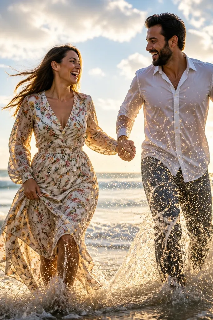 Couple stepping into a wave splash with motion frozen