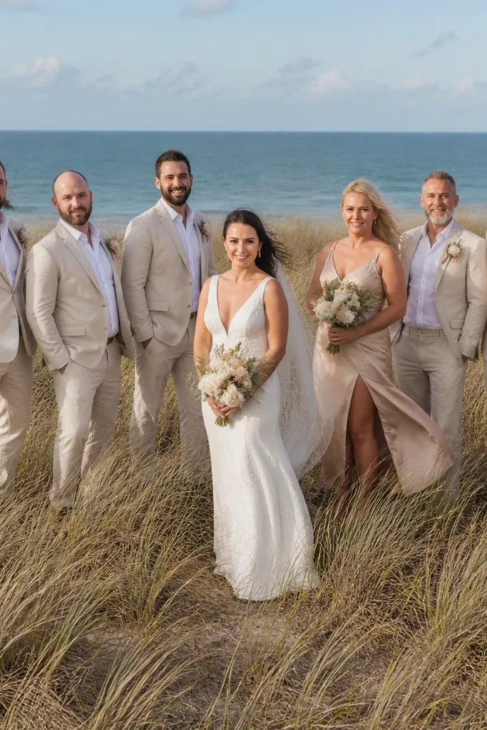 Wedding party posed on dune grass with beach behind