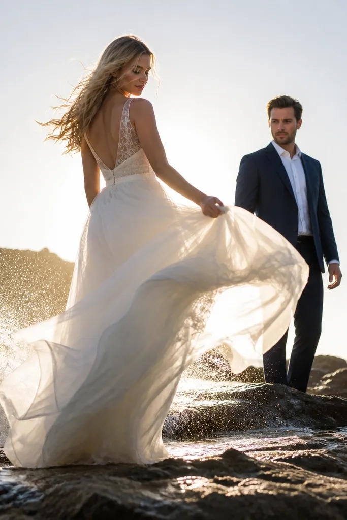 Dress flaring in backlight with sea spray mist around couple
