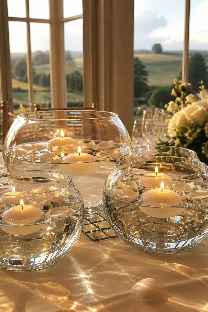 Small bowls with floating candles and rose petals on a mirrored wedding table decoration