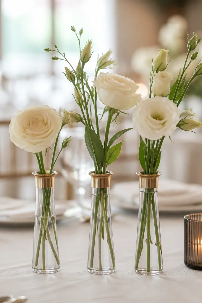 Gold-rimmed bud vases with warm ivory flowers on a wedding reception table