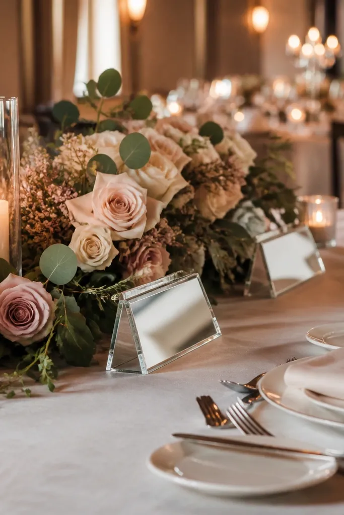 Asymmetrical floral runner with small mirrored accents near place cards on a wedding table