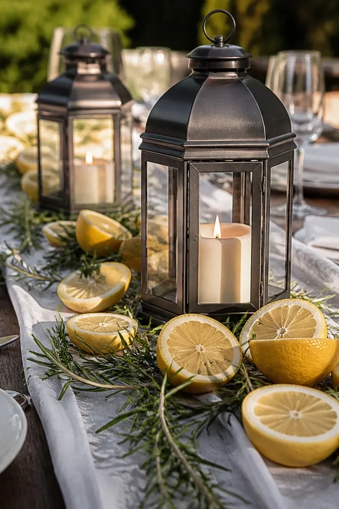 Lantern candles with scattered citrus slices and herb sprigs on a wedding table