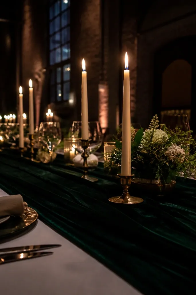 Deep green velvet table runner with cream taper candles on a wedding table