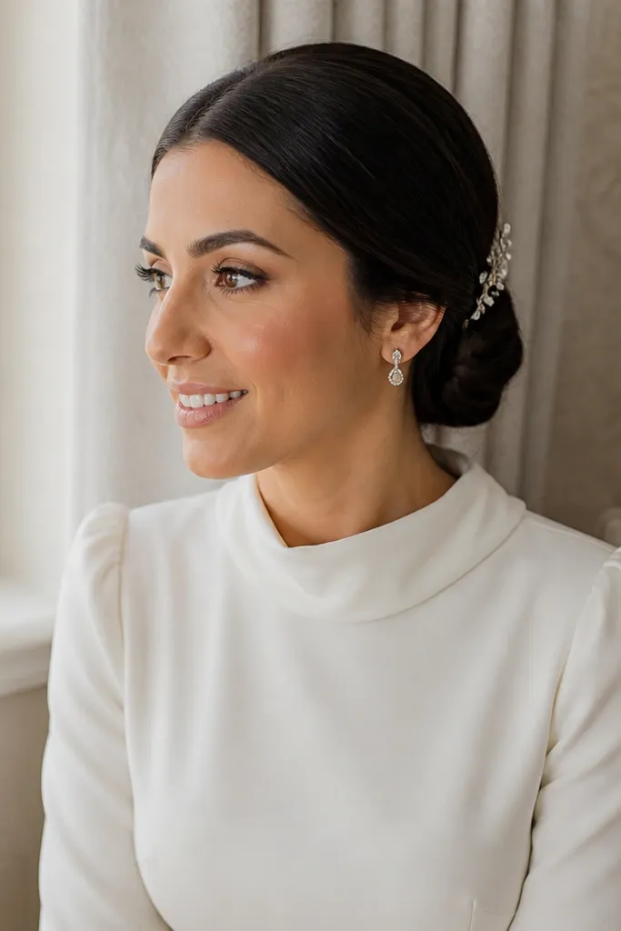 Twisted low knot with smooth sides and small pins showing near the ear