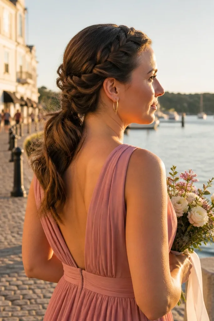 Side dutch braid flowing into a low pony with smooth finish