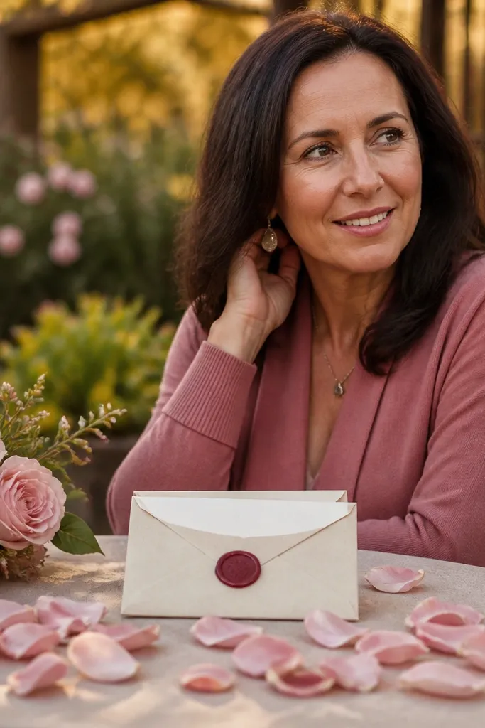 A cream envelope with rose petals inside and a red wax seal sticker on top