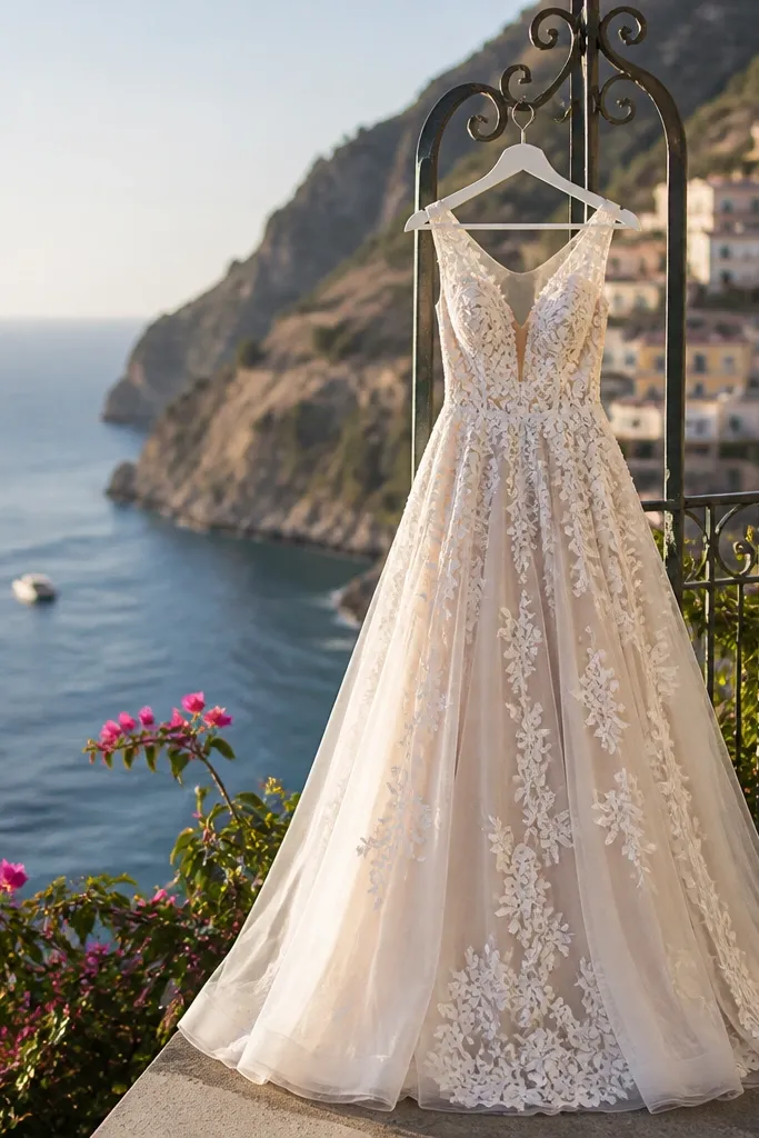 Ivory A-line wedding dress with illusion V-neck and lace overlay on a nude base