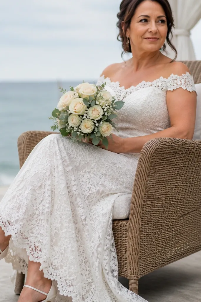 Ivory lace column wedding dress with scalloped hem edge and minimal skirt volume