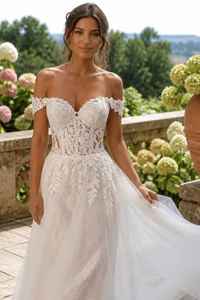 Ivory off-the-shoulder wedding dress with illusion lace bodice and sweetheart bust
