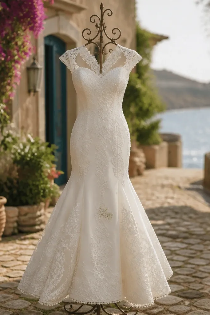 Ivory fit-and-flare wedding dress with lace cap sleeves and pearl trim along the neckline