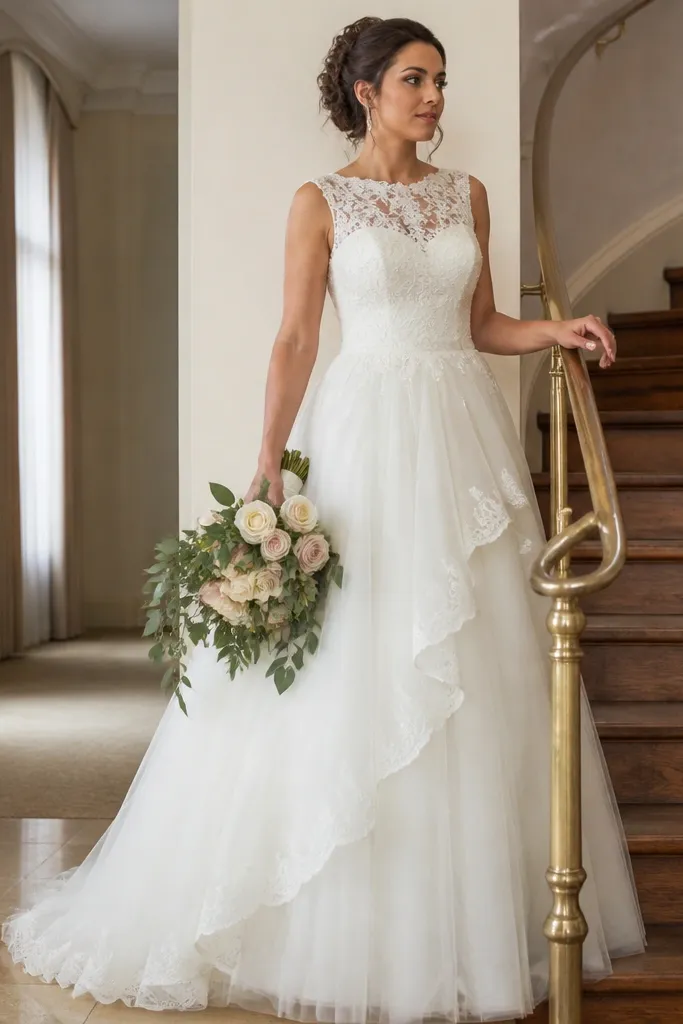 Ivory lace bodice with illusion sleeves and a tulle skirt with soft scalloped lace overlay