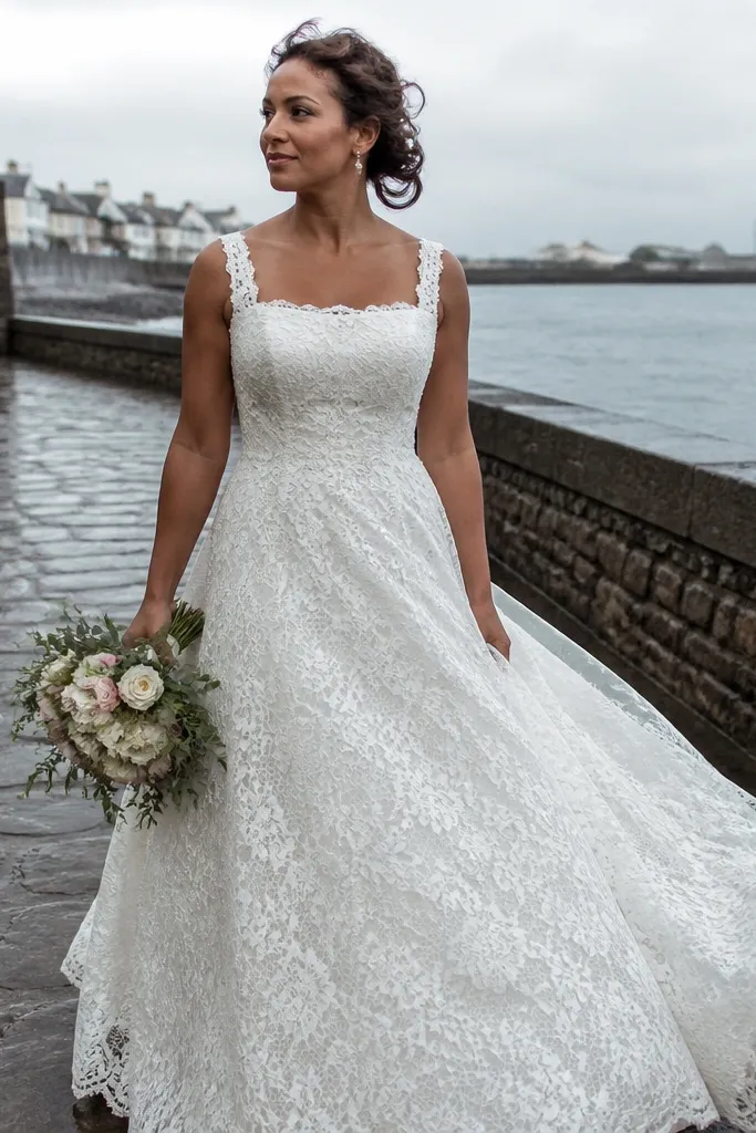 Ivory fit-and-flare wedding dress with square neckline and scalloped lace trim