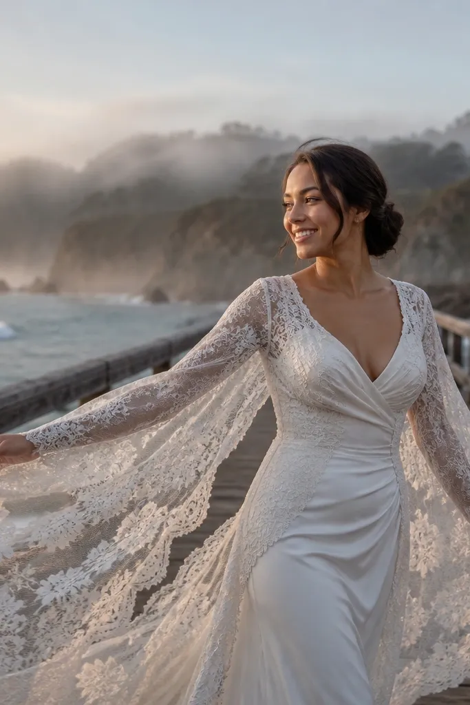 Ivory wedding dress with lace kimono sleeves and draped bodice over a smooth lining