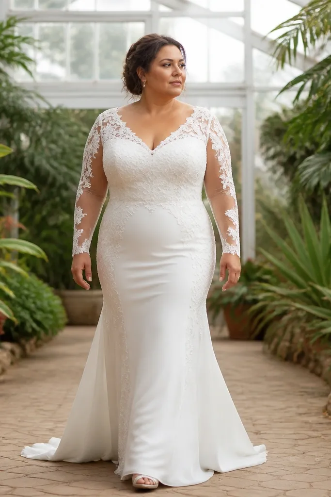 Ivory fit-and-flare wedding dress with floral lace panels placed at waist, hips, and sleeves