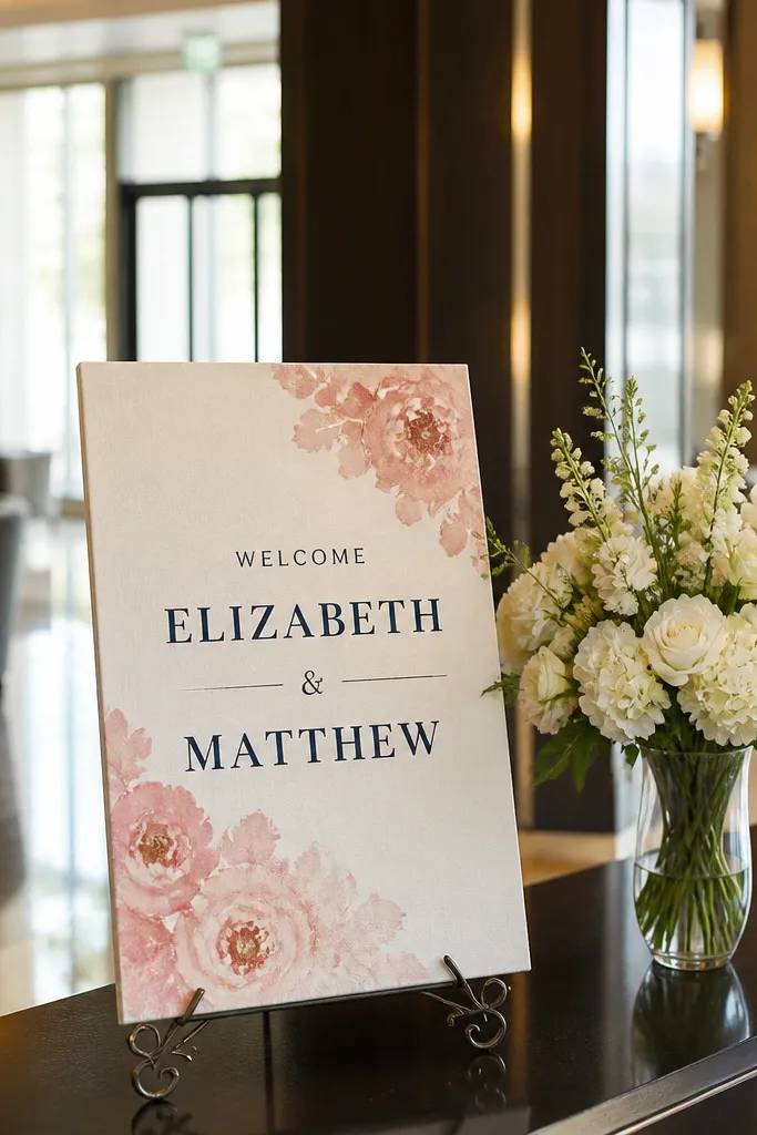 Ivory linen sign with navy block names and small blush watercolor accents