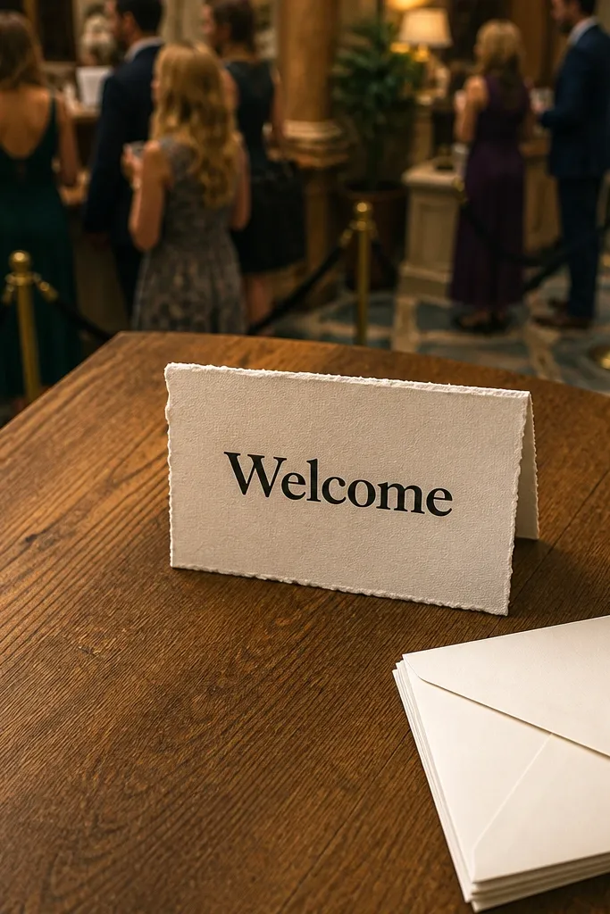 Linen tent card with deckled edge and large welcome text