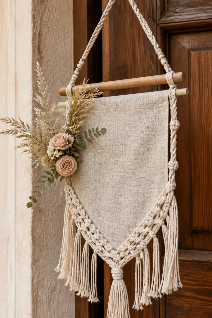 Cream macrame hanger holding a linen sign with small floral clusters