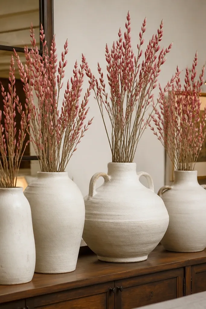 Large matte vases with cream-to-ivory ombre stems and greenery