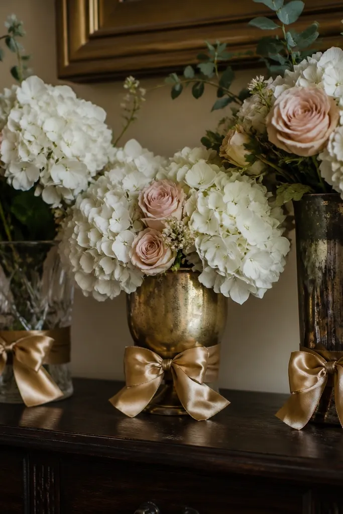 Fabric-wrapped vase bases with neutral flowers and greenery on a table