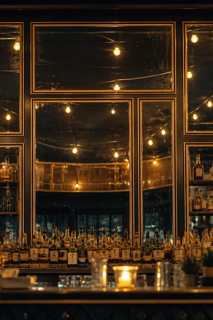 Small mirrors on a bar wall with cream signage and brass accents