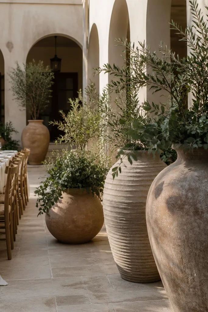 Tall sculptural planters filled with greenery and neutral flowers on the aisle