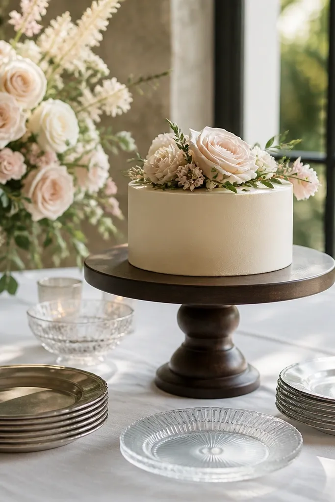 Dark wood cake stand with cream plates and a simple floral topper