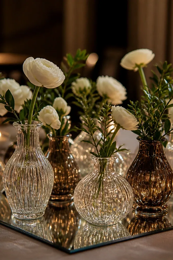 Mirror-like acrylic tray with grouped small vases and candles