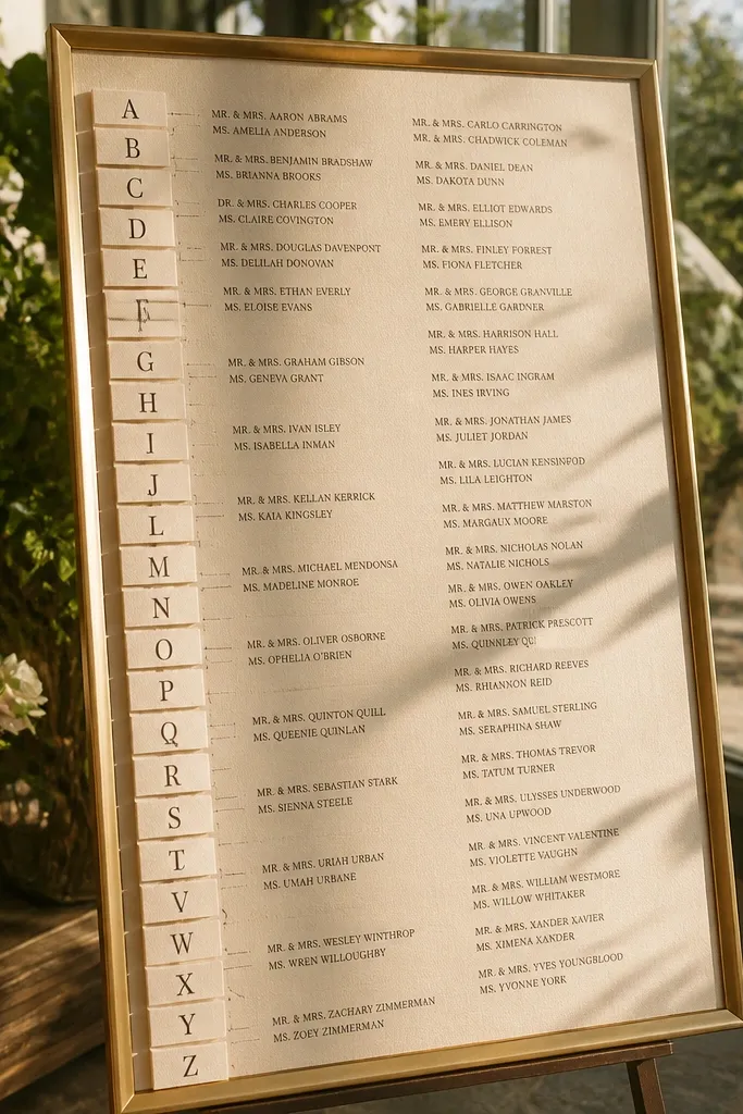 Framed cream paper seating chart with alphabet tabs on the left and black names