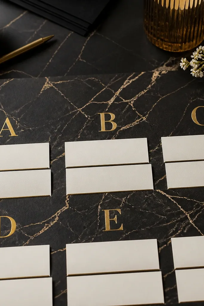 Marble-look background sign with gold table letters and clean black names