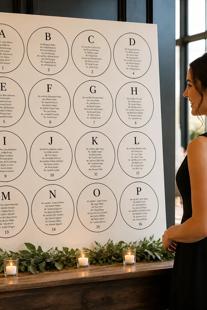 Monochrome sign with large circular table letters and black guest names