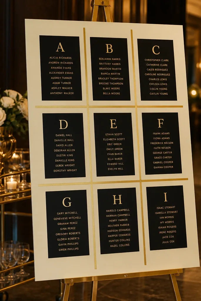 Champagne background sign with black guest names and thick gold dividers for table letters