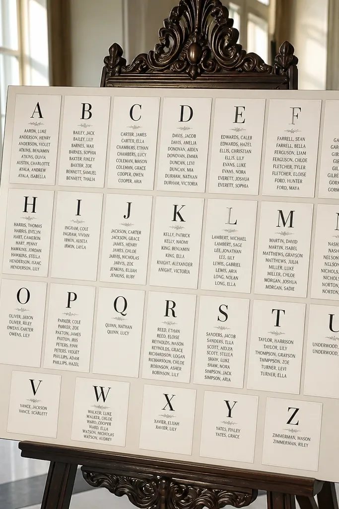 Menu-board style sign with large table letters and guest names in neat sections