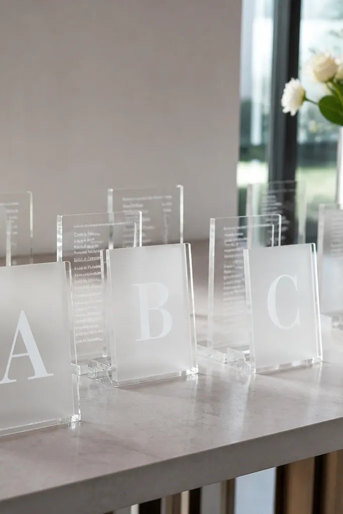 Frosted table-letter labels on acrylic with clear cards listing guest names