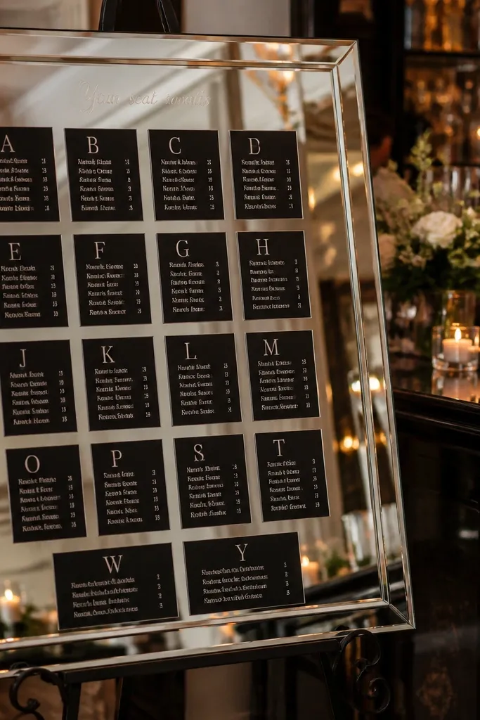 Mirror-like acrylic sign with black rectangles for table letters and guest names