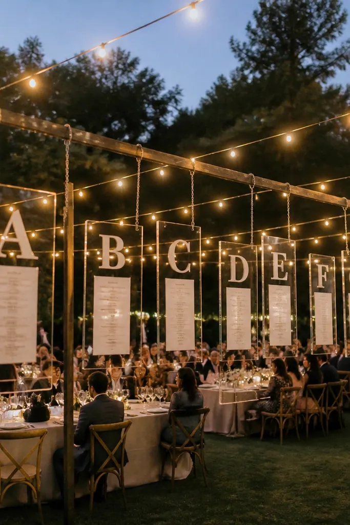 Clear hanging frames with large table letters and guest name text cards