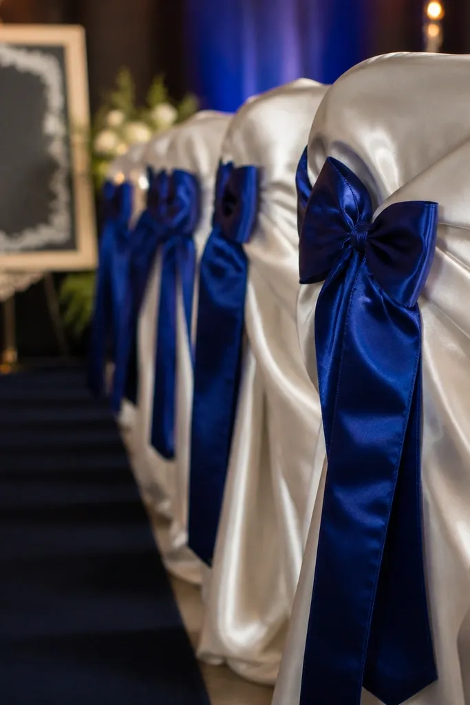 Navy table runner with white candles and cobalt blue floral accents