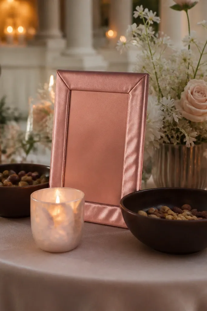 Dusty rose table runner with cocoa brown signage and blush pearl floral accents