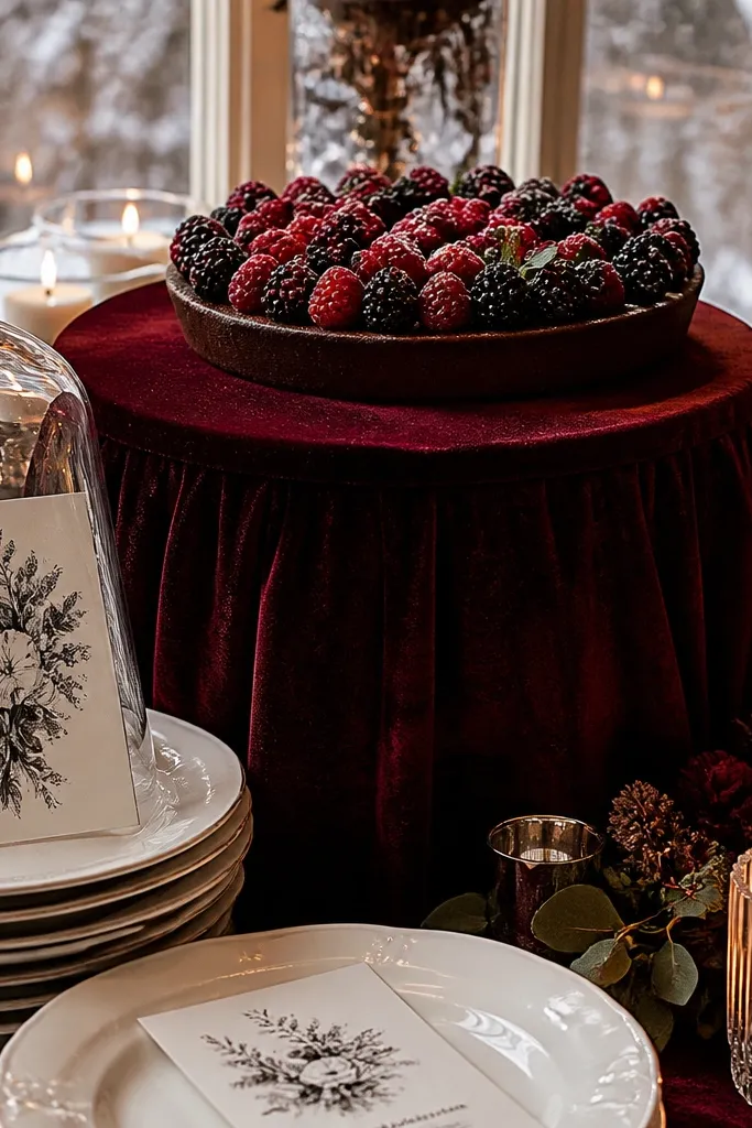 Burgundy velvet table runner with antique white florals and charcoal signage