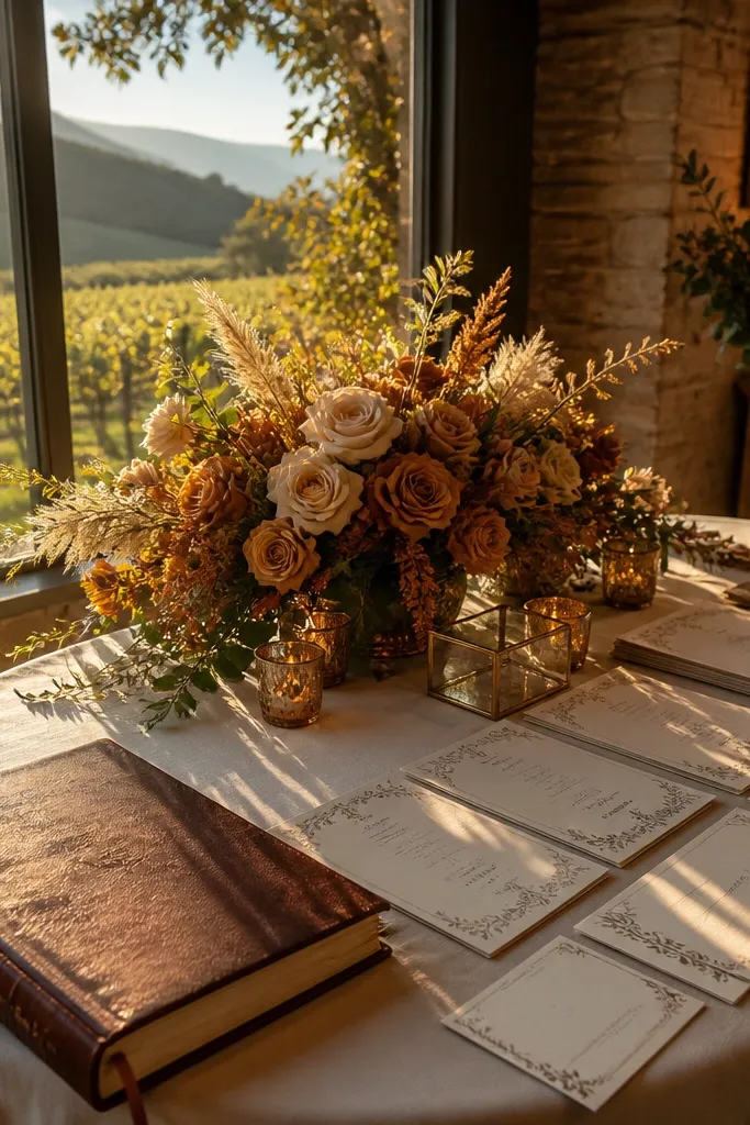 Caramel topaz florals on cream tables with chocolate brown place cards