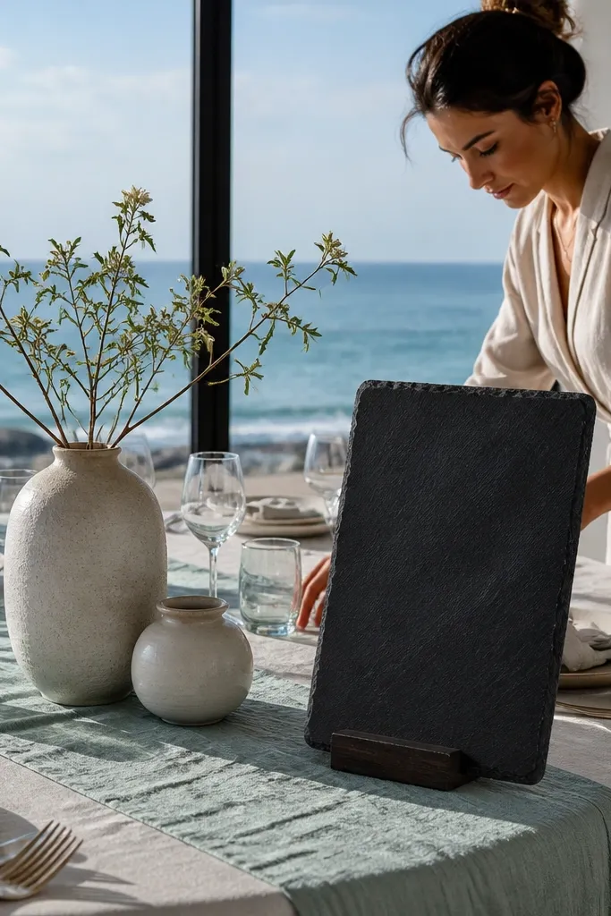 Teal sea glass table details with oyster white florals and ink black signage